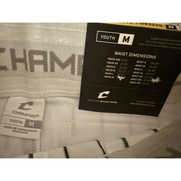 New With Tags Champro Baseball Pants White With Black Pinstripe Youth Medium - Picture 5 of 5